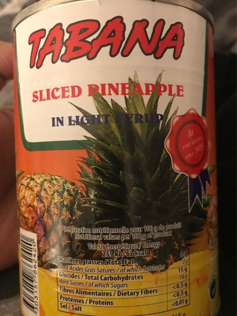 Pineapple slices in light syrup, 3/4 tin