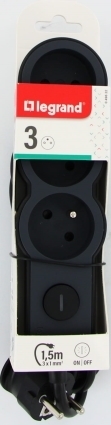3位带开关插座排插 1,5 m 电源线 黑色 - LEGRAND
