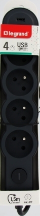 4位插座排插 带开关和USB 线长1,5 m 黑色 - LEGRAND