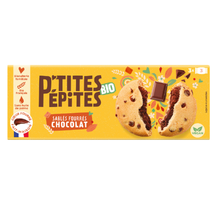 Sablés bio fourrés chocolat vegan blé français 3 sachets 155 g - P'TITES PÉPITES