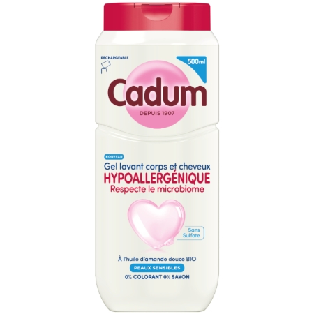 Gel Lavant Corps et Cheveux Hypoallergénique  à l'Huile d'Amande Douce Bio pour Peaux Sensibles 500ml - CADUM