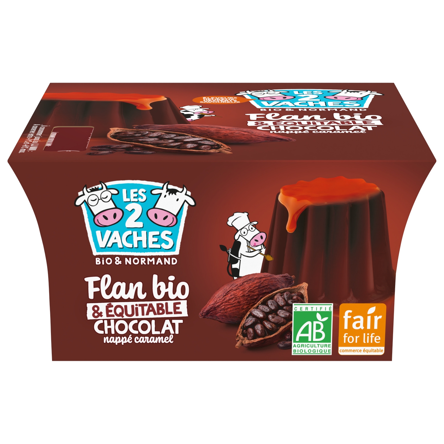 Flan au chocolat nappé caramel bio et équitable 4 x 100 g - LES 2 VACHES