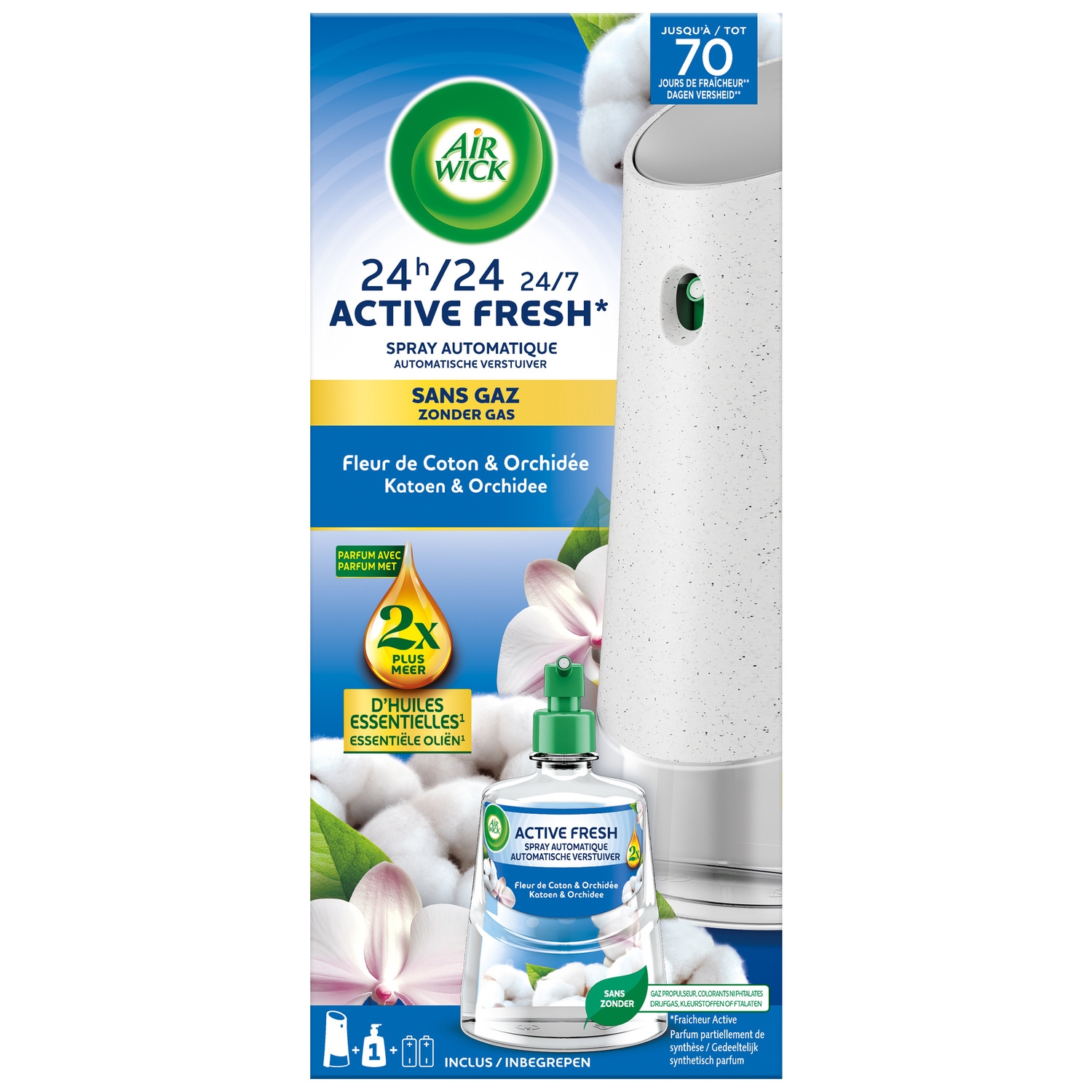 Diffuseur Spray Automatique Désodorisant Sans Gaz Active Fresh Coton 250ml - AIR WICK