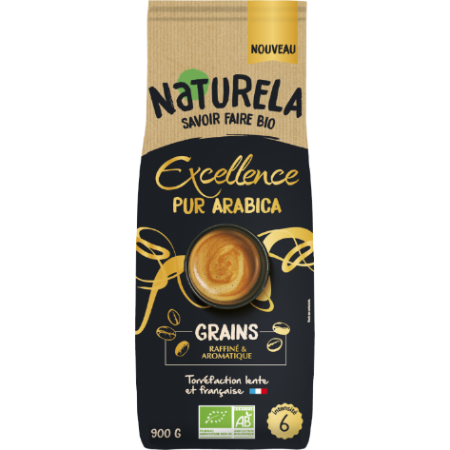 Excellence pur arabica café en grains bio intensité 6 torréfaction lente française 900 g - NATURELA