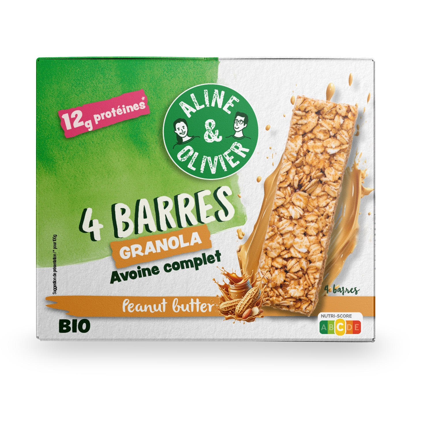 Barres granola avoine complète et beurre de cacahuète bio 4 x 30 g - ALINE & OLIVIER