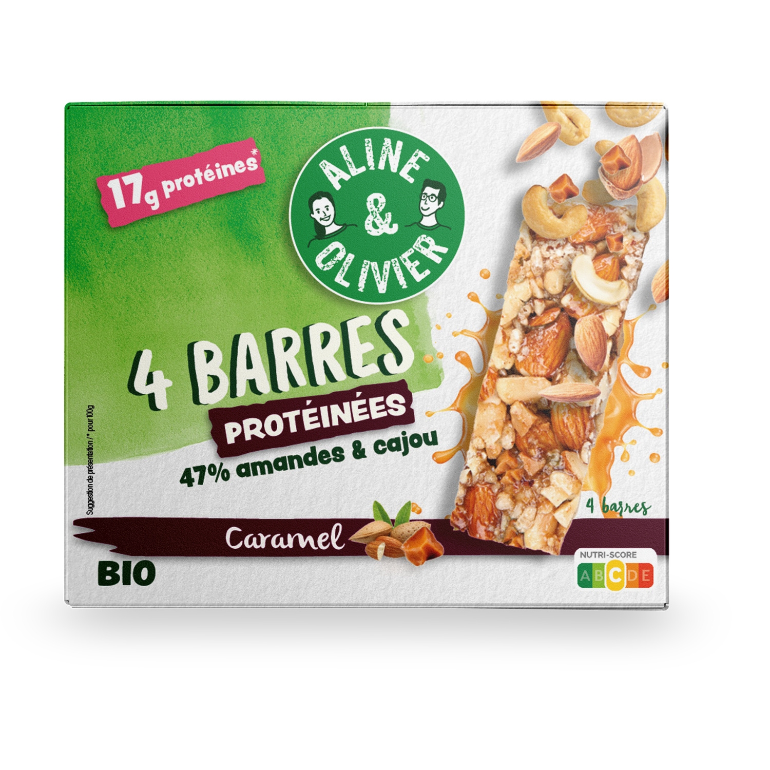 Barres de céréales protéinées amande cajou caramel bio, 4 x 30 g - ALINE & OLIVIER