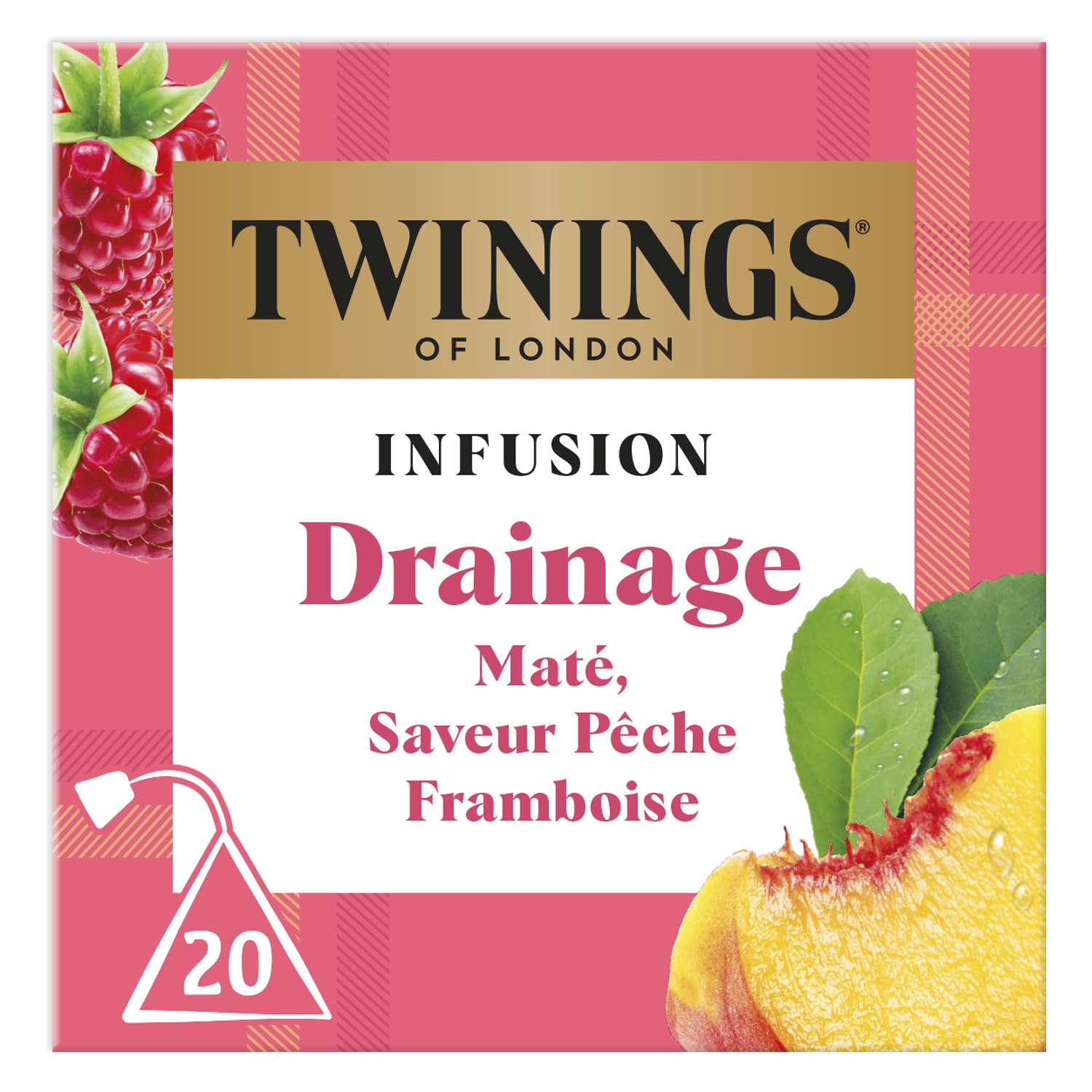 Infusion Drainage maté, pêche et framboise 20 sachets - TWININGS