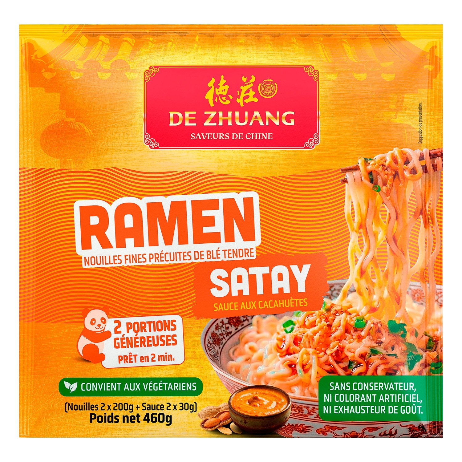 Ön pişirilmiş ramen noodle, fıstıklı satay soslu, 2 porsiyon, 460 g - DE ZHUANG