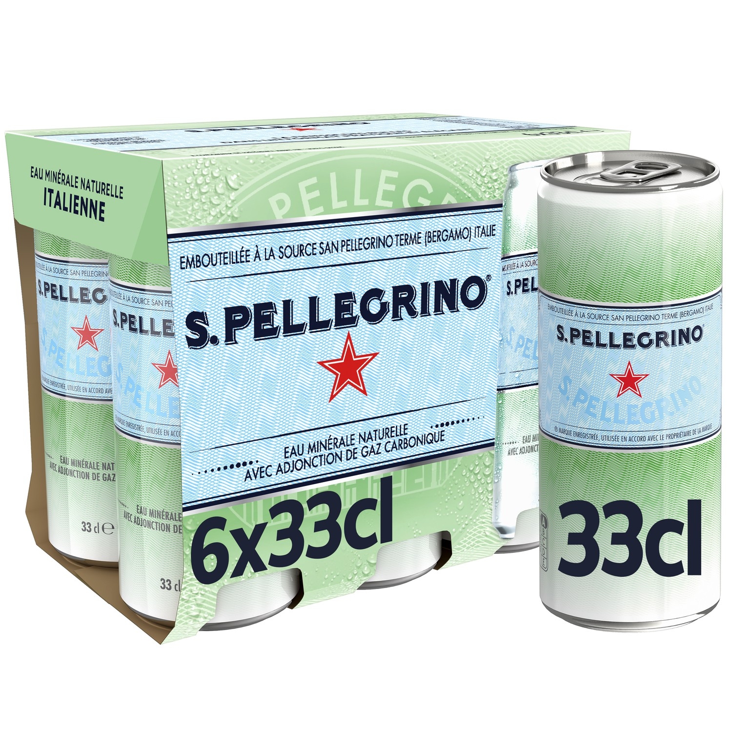 Eau minérale naturelle gazeuse en canette 6 x 33 cl - Pellegrino