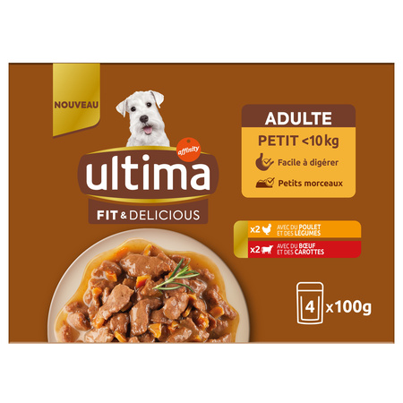 Pâtée pour petit chien adulte <10kg en sauce goût poulet et bœuf 4x100g - ULTIMA