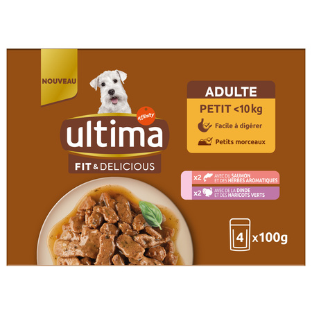 Pâtée pour petit chien adulte <10kg en sauce goût saumon (x2) et dinde (x2) 4x100g - ULTIMA
