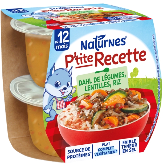Plato para bebé P'tite Recette dahl de verduras, lentejas y arroz desde 12 meses 2 x 200 g - NATURNES