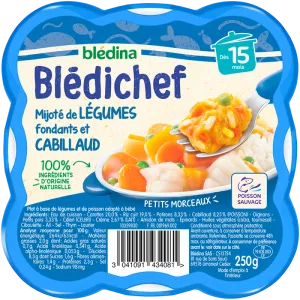 Piatto baby dai 15 mesi bolliti con verdure tenere e baccalà Blédichef, vaschetta da 250g - BLÉDINA