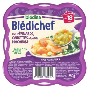 18个月宝宝的菠菜菜肴；胡萝卜和小通心粉 Blédichef 250 克托盘 - BLÉDINA