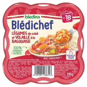 Đĩa ăn dặm cho bé 18 tháng rau củ & thịt gia cầm xứ Basque khay Blédichef 250g - BLÉDINA
