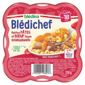 Plat bébé dès 18 mois petites pâtes et bœuf façon bourguignon Blédichef la barquette de 250g - BLÉDINA