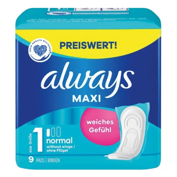 ALWAYS SERVIETTES HYGIENIQUES MAXI CLASSIC 9 PCS NORMAL SANS AILES TAILLE 1